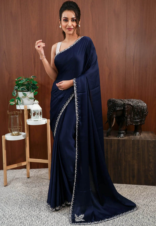 Navy Blue with sequin Embroidery work Saree with Blouse Piece - Adi Akshoy & Co.