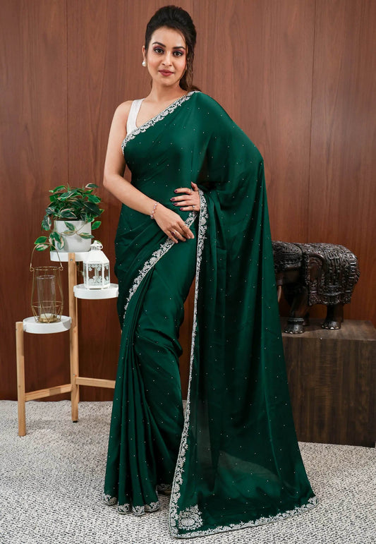 Bottle Green with sequin Embroidery work Saree with Blouse Piece - Adi Akshoy & Co.