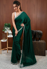 Bottle Green with sequin Embroidery work Saree with Blouse Piece - Adi Akshoy & Co.