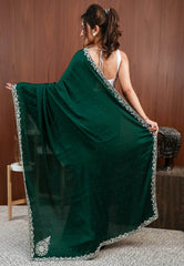 Bottle Green with sequin Embroidery work Saree with Blouse Piece - Adi Akshoy & Co.