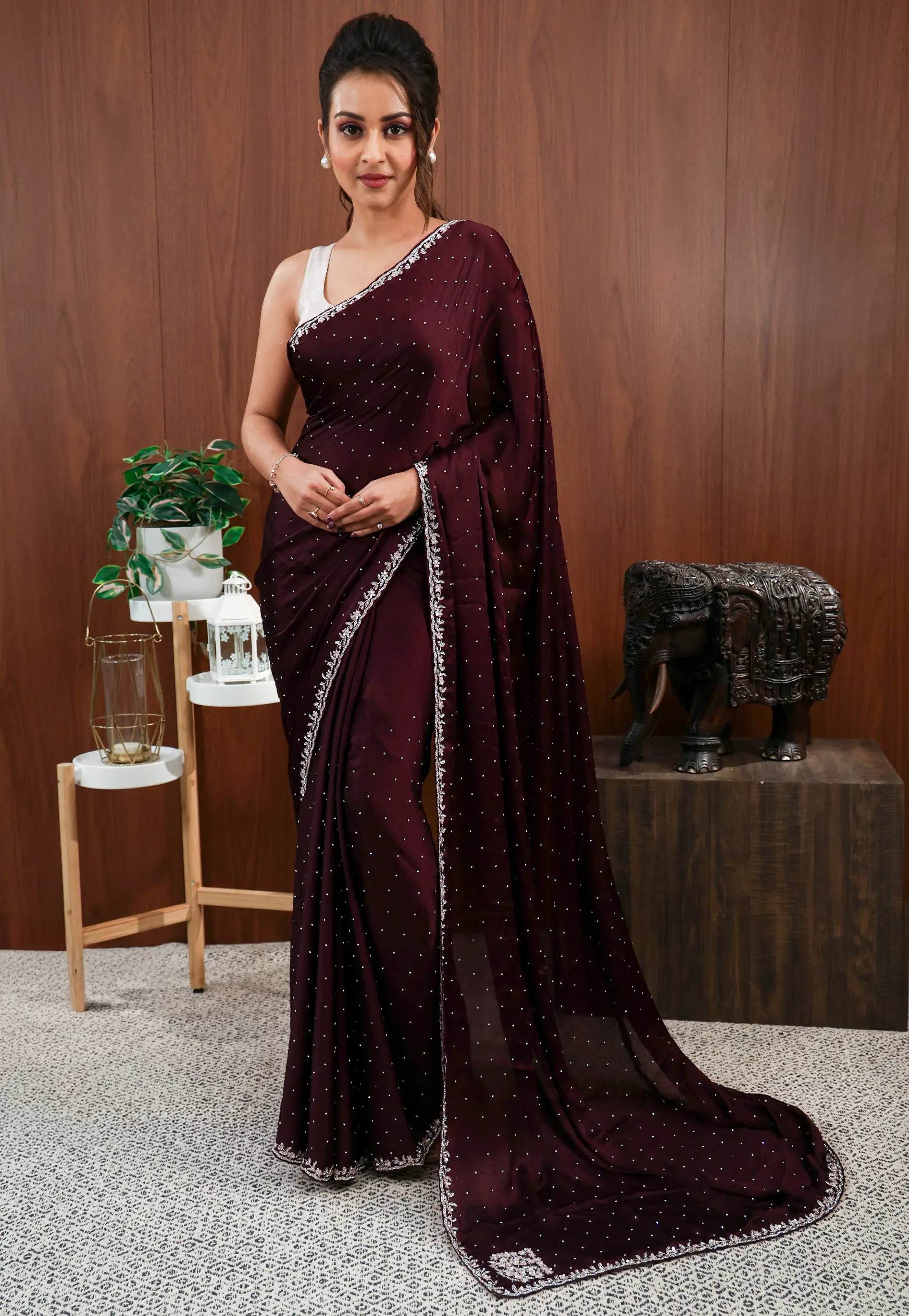 Garnet Embroidery Saree with Blouse Piece - Adi Akshoy & Co.