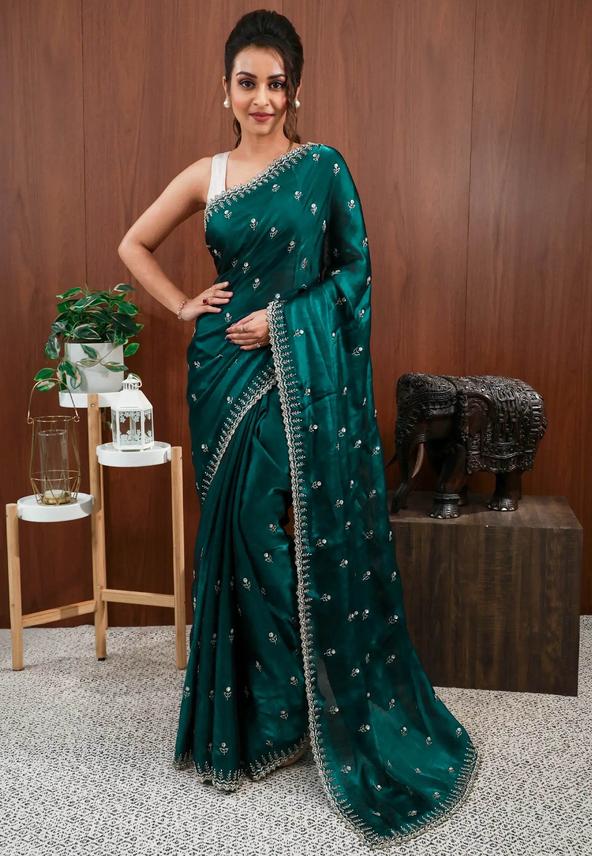Rama Green Embroidery Saree with Blouse Piece - Adi Akshoy & Co.