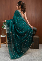 Rama Green Embroidery Saree with Blouse Piece - Adi Akshoy & Co.