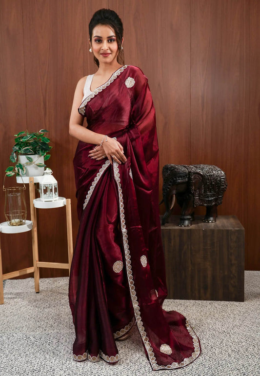 Maroon Tissue Embroidery Saree with Blouse Piece - Adi Akshoy & Co.