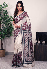 Off White Tussar Pure Silk Kantha Saree With Blouse Piece - Adi Akshoy & Co.