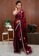 Maroon Tissue Embroidery Saree with Blouse Piece - Adi Akshoy & Co.