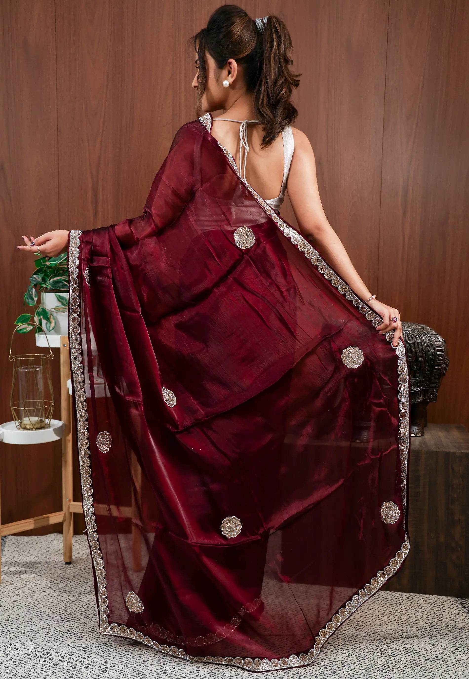 Maroon Tissue Embroidery Saree with Blouse Piece - Adi Akshoy & Co.