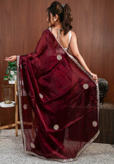 Maroon Tissue Embroidery Saree with Blouse Piece - Adi Akshoy & Co.