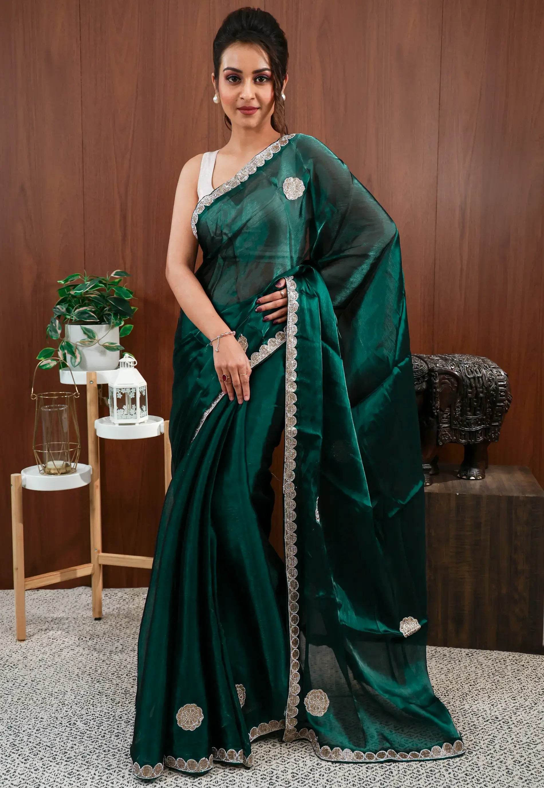 Bottle Green Embroidery Saree with Blouse Piece - Adi Akshoy & Co.