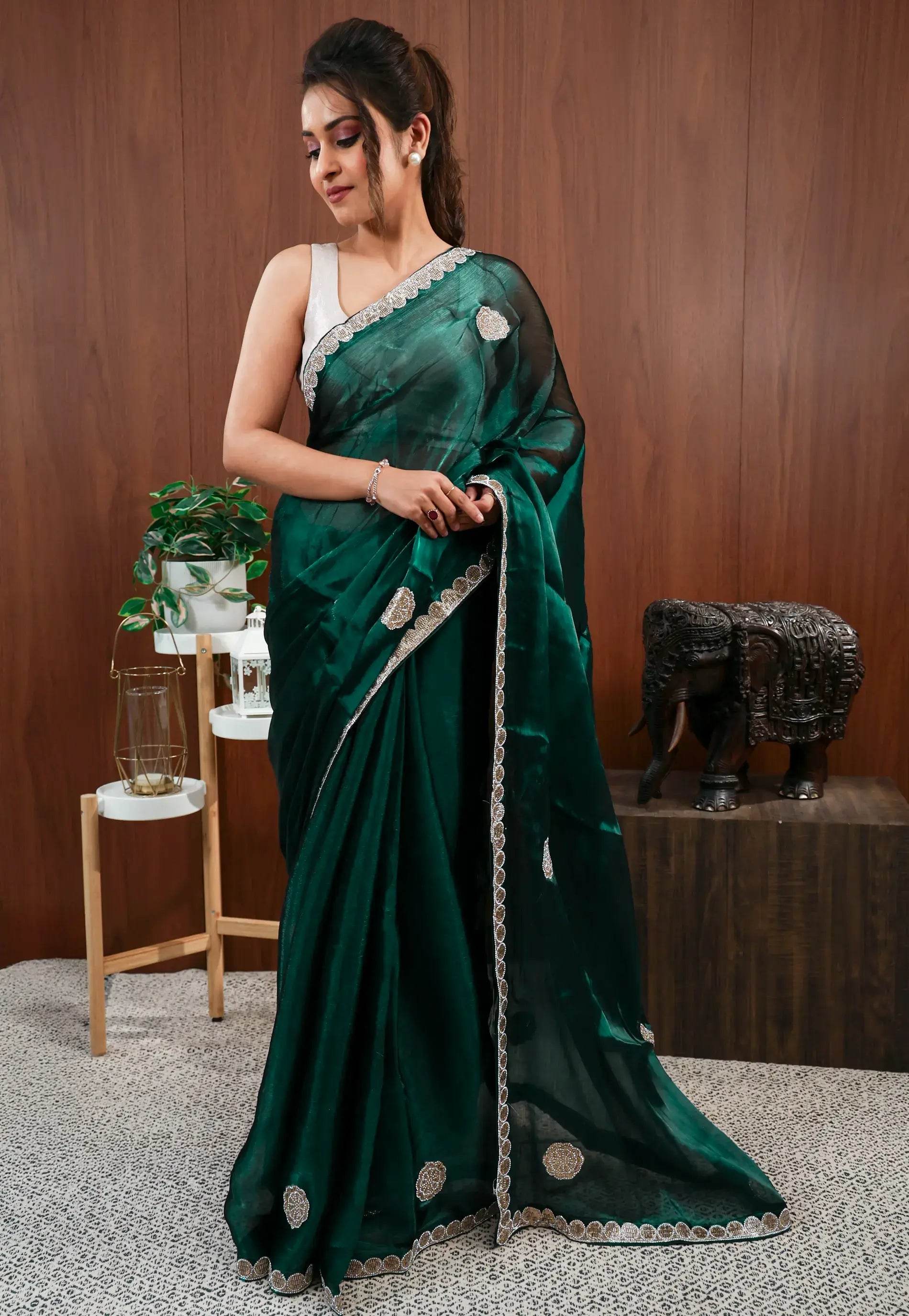 Bottle Green Embroidery Saree with Blouse Piece - Adi Akshoy & Co.