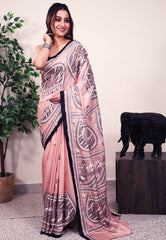 Peach color Pure Silk Kantha Saree With Blouse Piece - Adi Akshoy & Co.