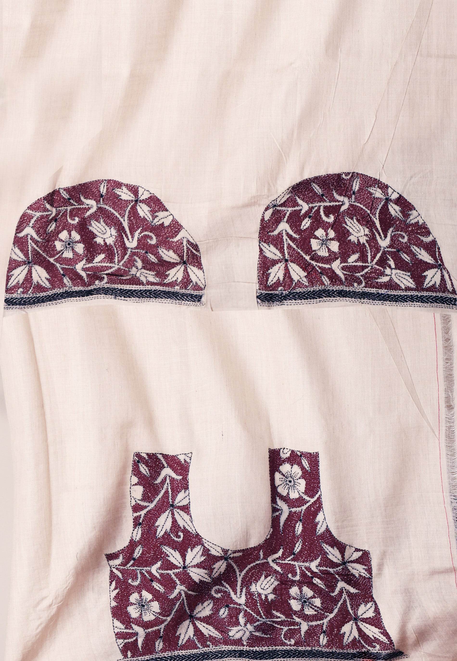 Off White Tussar Pure Silk Kantha Saree With Blouse Piece - Adi Akshoy & Co.