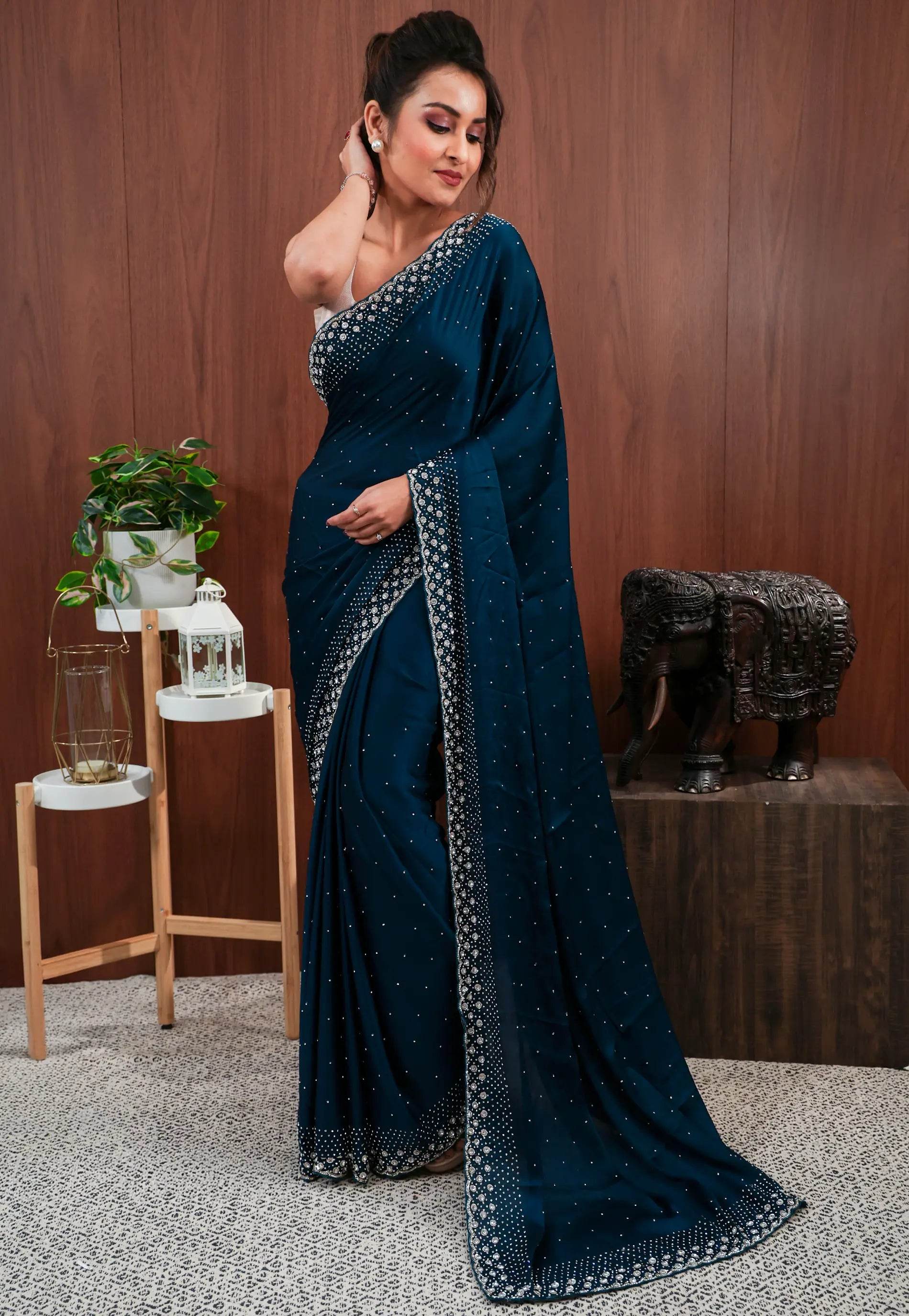Deep Turquoise Blue with sequin work Embroidery Saree with Blouse Piece - Adi Akshoy & Co.