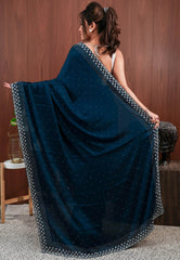 Deep Turquoise Blue with sequin work Embroidery Saree with Blouse Piece - Adi Akshoy & Co.