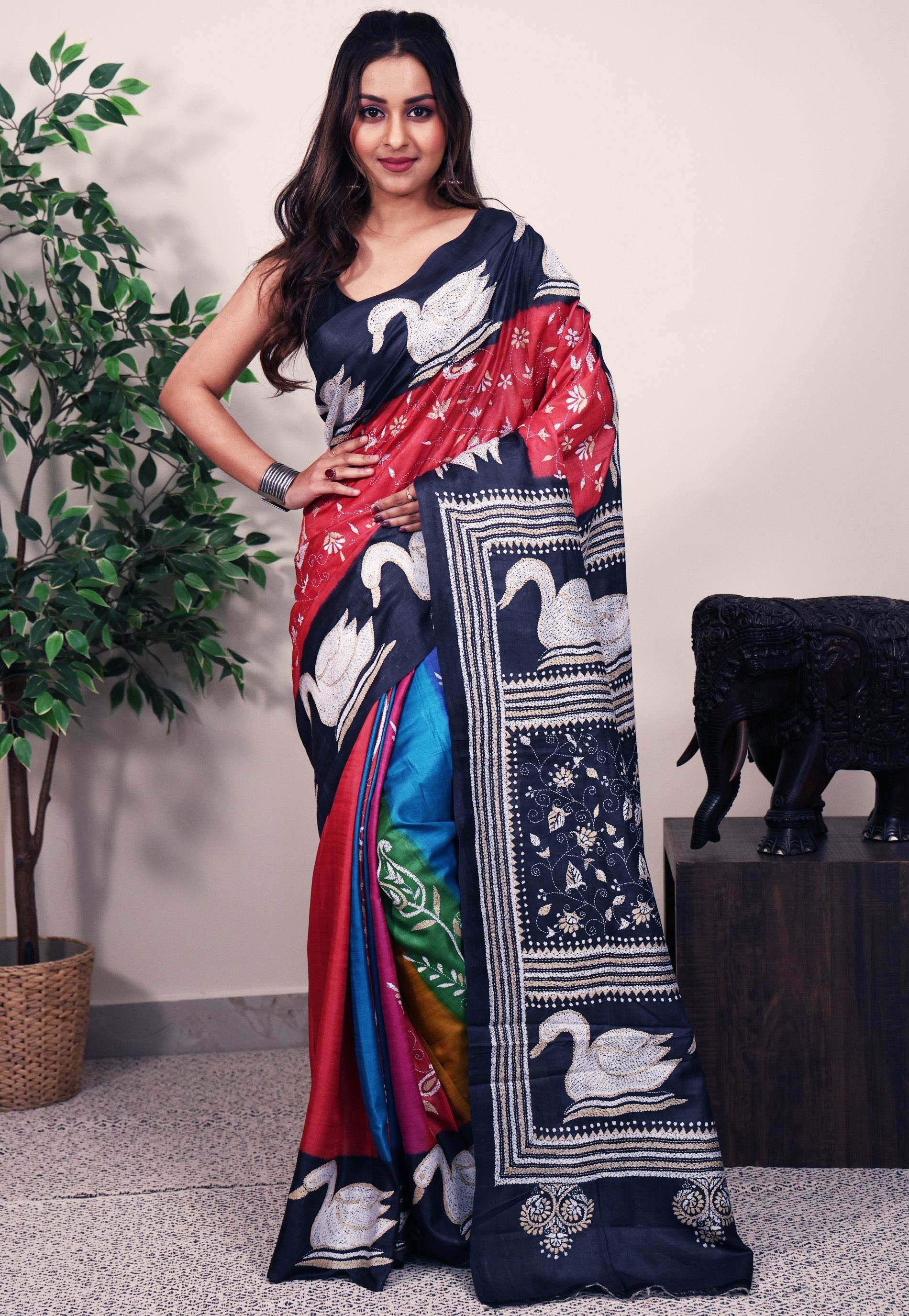 Red Tussar with Multicolor Patli Pure Silk Kantha Saree With Blouse Piece - Adi Akshoy & Co.