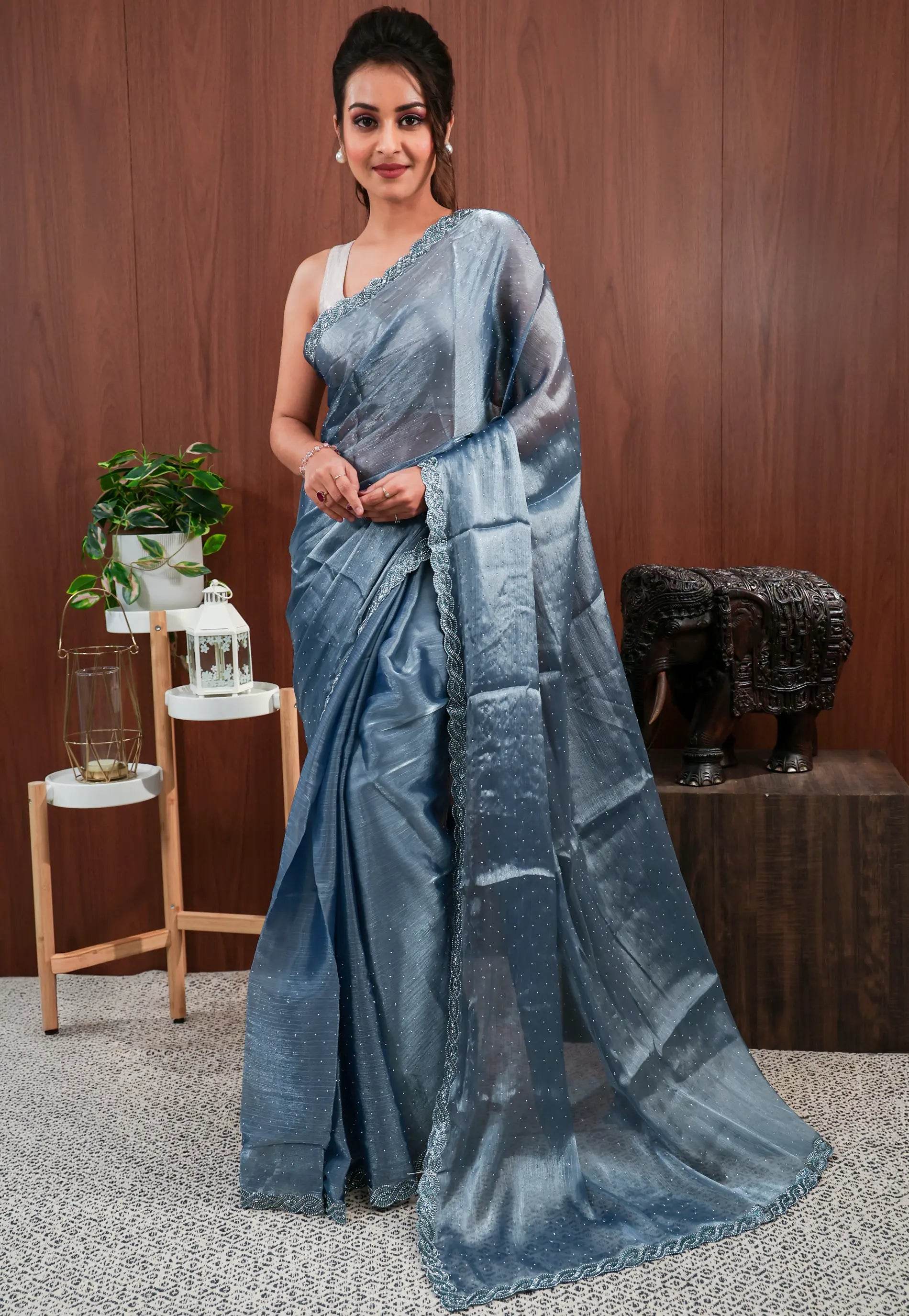 Grey Tissue Embroidery Saree with Blouse Piece - Adi Akshoy & Co.