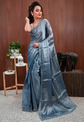 Grey Tissue Embroidery Saree with Blouse Piece - Adi Akshoy & Co.