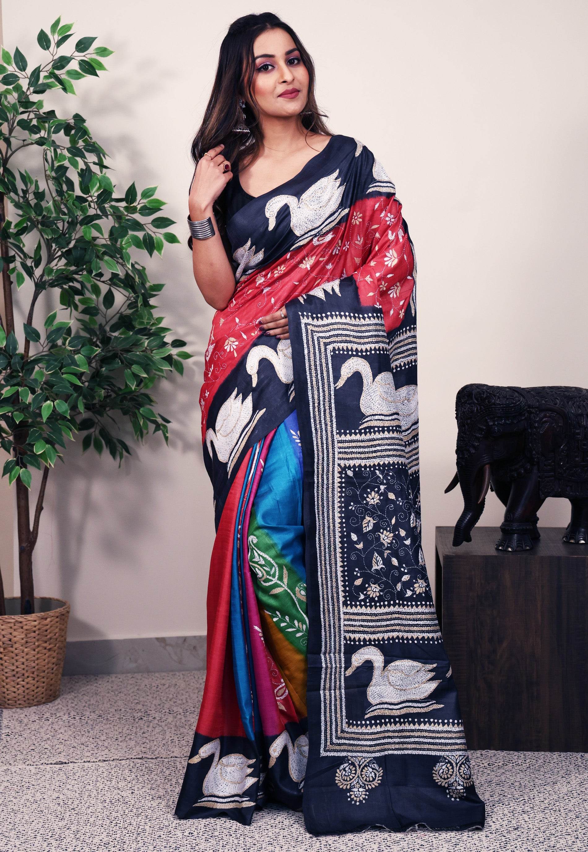 Red Tussar with Multicolor Patli Pure Silk Kantha Saree With Blouse Piece - Adi Akshoy & Co.
