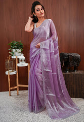 Mauve Tissue Embroidery Saree with Blouse Piece - Adi Akshoy & Co.