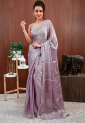 Mauve Tissue Embroidery Saree with Blouse Piece - Adi Akshoy & Co.
