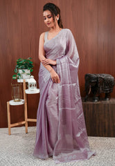 Mauve Tissue Embroidery Saree with Blouse Piece - Adi Akshoy & Co.