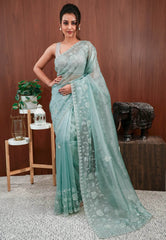 Sea Green Embroidery Saree with Blouse Piece - Adi Akshoy & Co.