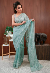 Sea Green Embroidery Saree with Blouse Piece - Adi Akshoy & Co.