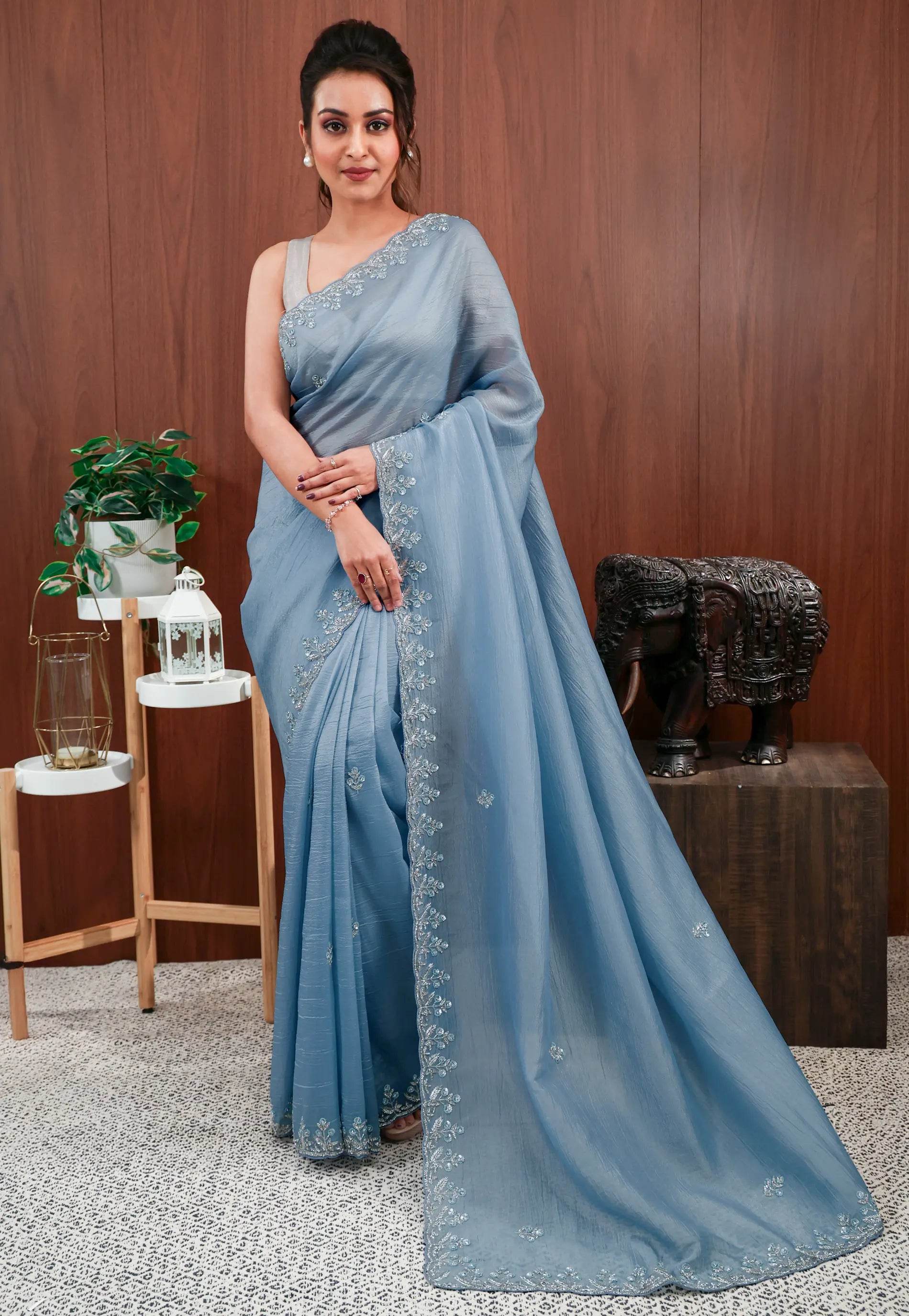 Blue Tissue with Embroidery work Saree with Blouse Piece - Adi Akshoy & Co.