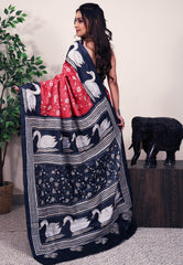 Red Tussar with Multicolor Patli Pure Silk Kantha Saree With Blouse Piece - Adi Akshoy & Co.