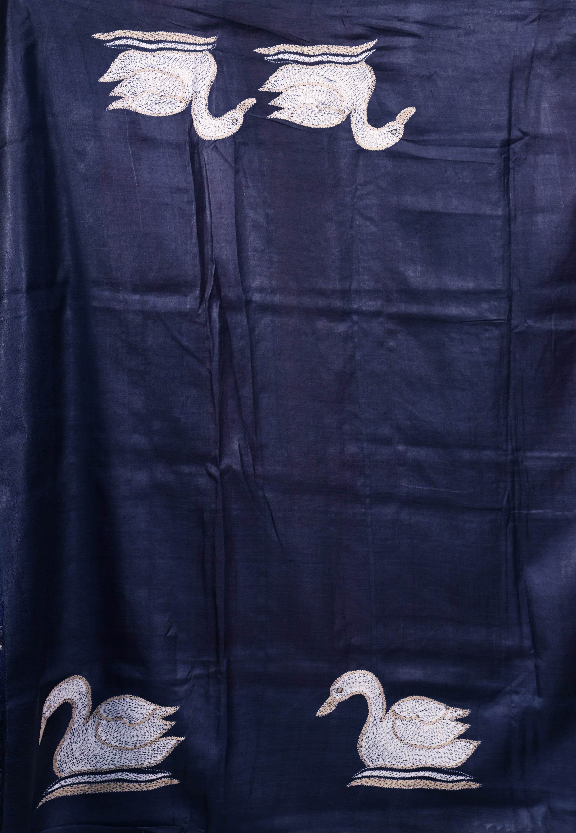 Red Tussar with Multicolor Patli Pure Silk Kantha Saree With Blouse Piece - Adi Akshoy & Co.