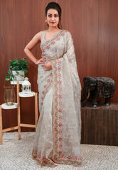 Off White Organza with Resham and sequin Embroidery work Saree with Blouse Piece - Adi Akshoy & Co.