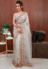 Off White Organza with Resham and sequin Embroidery work Saree with Blouse Piece - Adi Akshoy & Co.