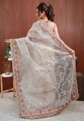 Off White Organza with Resham and sequin Embroidery work Saree with Blouse Piece - Adi Akshoy & Co.