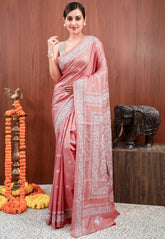 Peach Kantha Pure Silk Saree With Blouse Piece - Adi Akshoy & Co.