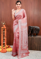 Peach Kantha Pure Silk Saree With Blouse Piece - Adi Akshoy & Co.