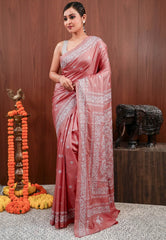 Peach Kantha Pure Silk Saree With Blouse Piece - Adi Akshoy & Co.
