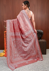 Peach Kantha Pure Silk Saree With Blouse Piece - Adi Akshoy & Co.