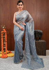 Grey Tissue with sequin Embroidery work Saree with Blouse Piece - Adi Akshoy & Co.