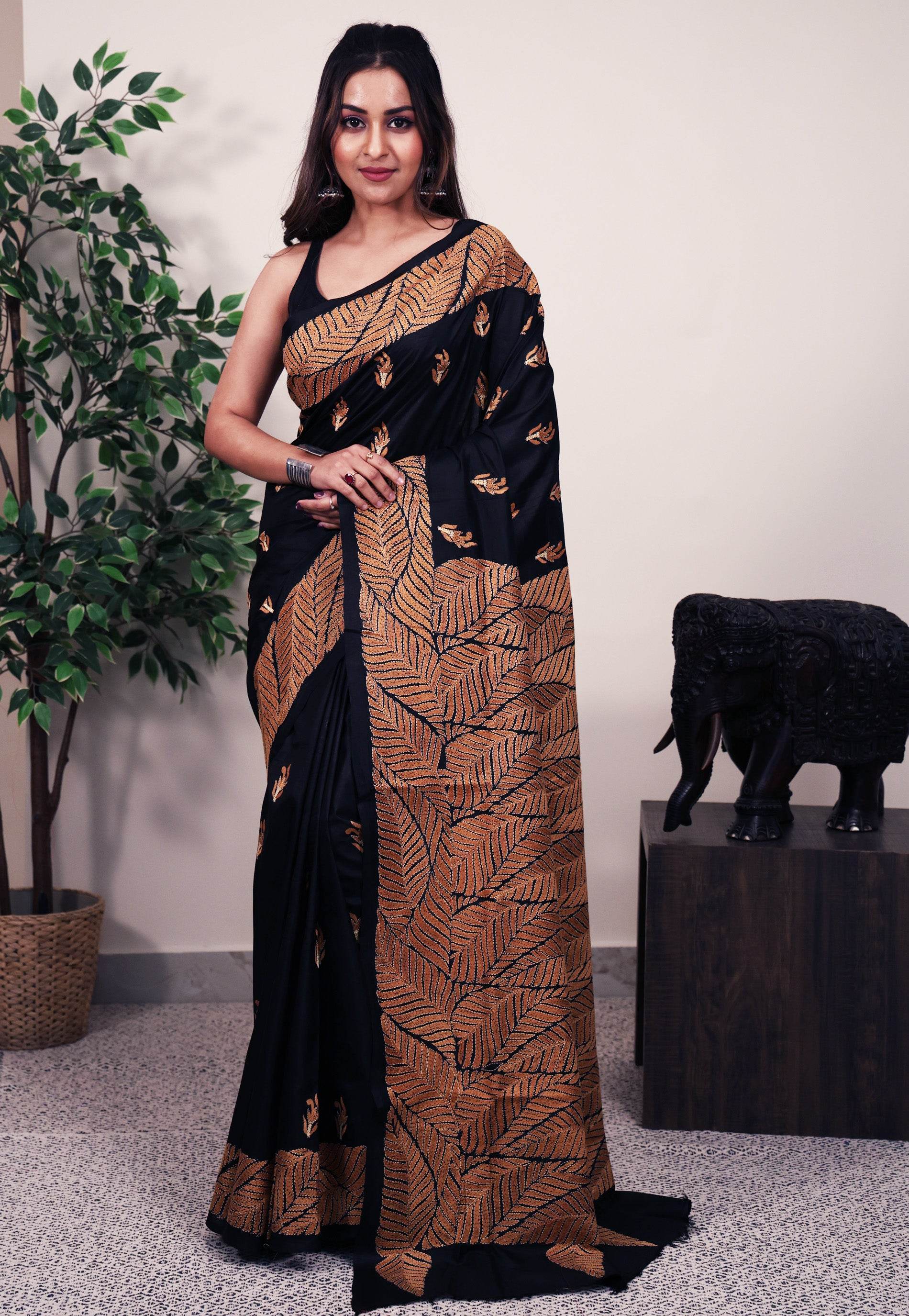 Black Pure Silk Kantha Saree With Blouse Piece - Adi Akshoy & Co.