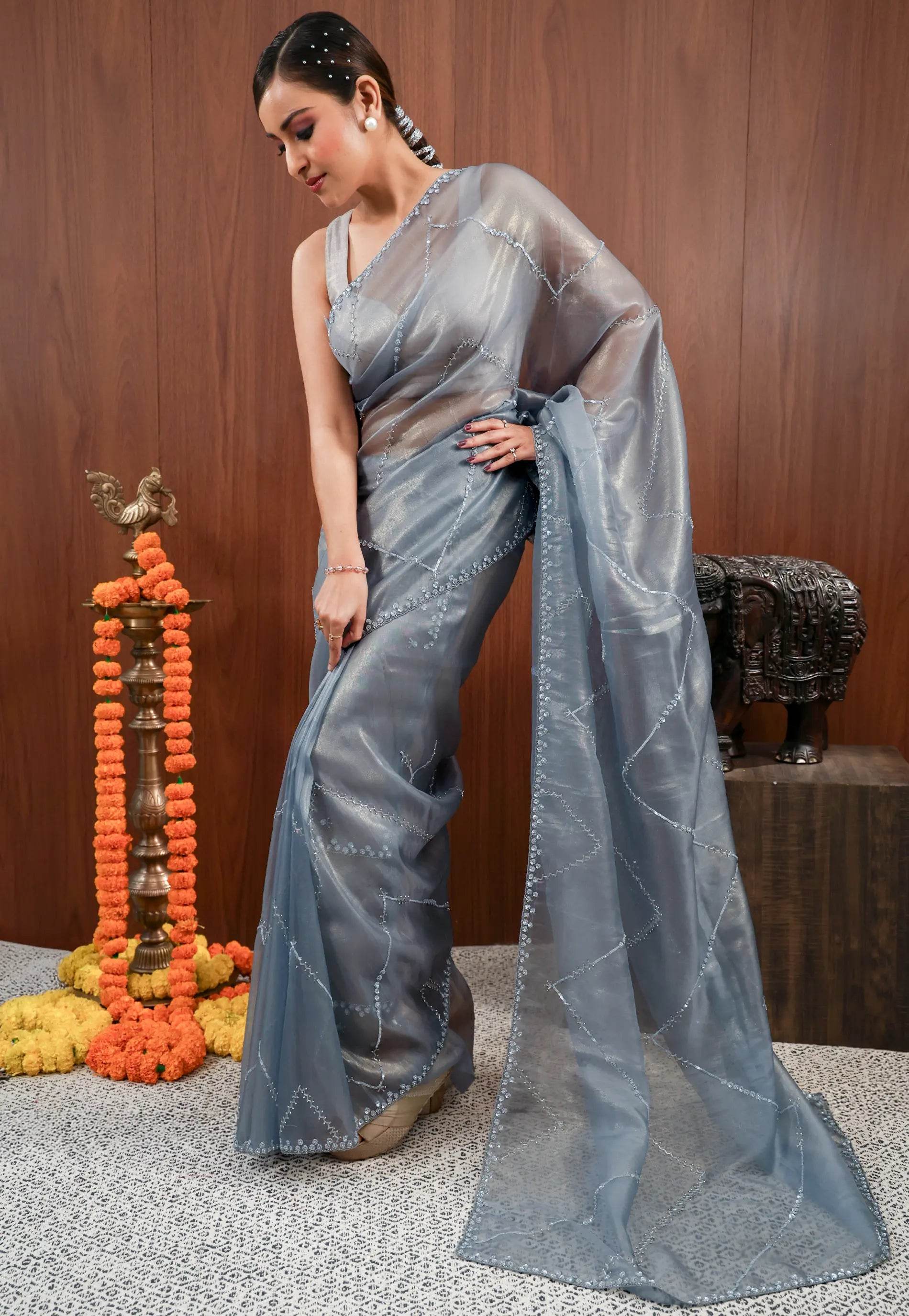 Grey Tissue with sequin Embroidery work Saree with Blouse Piece - Adi Akshoy & Co.