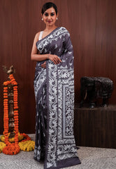 Grey Kantha Pure Silk Saree With Blouse Piece - Adi Akshoy & Co.
