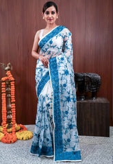 White Organza with Resham Embroidery work Saree with Blouse Piece - Adi Akshoy & Co.
