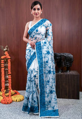 White Organza with Resham Embroidery work Saree with Blouse Piece - Adi Akshoy & Co.