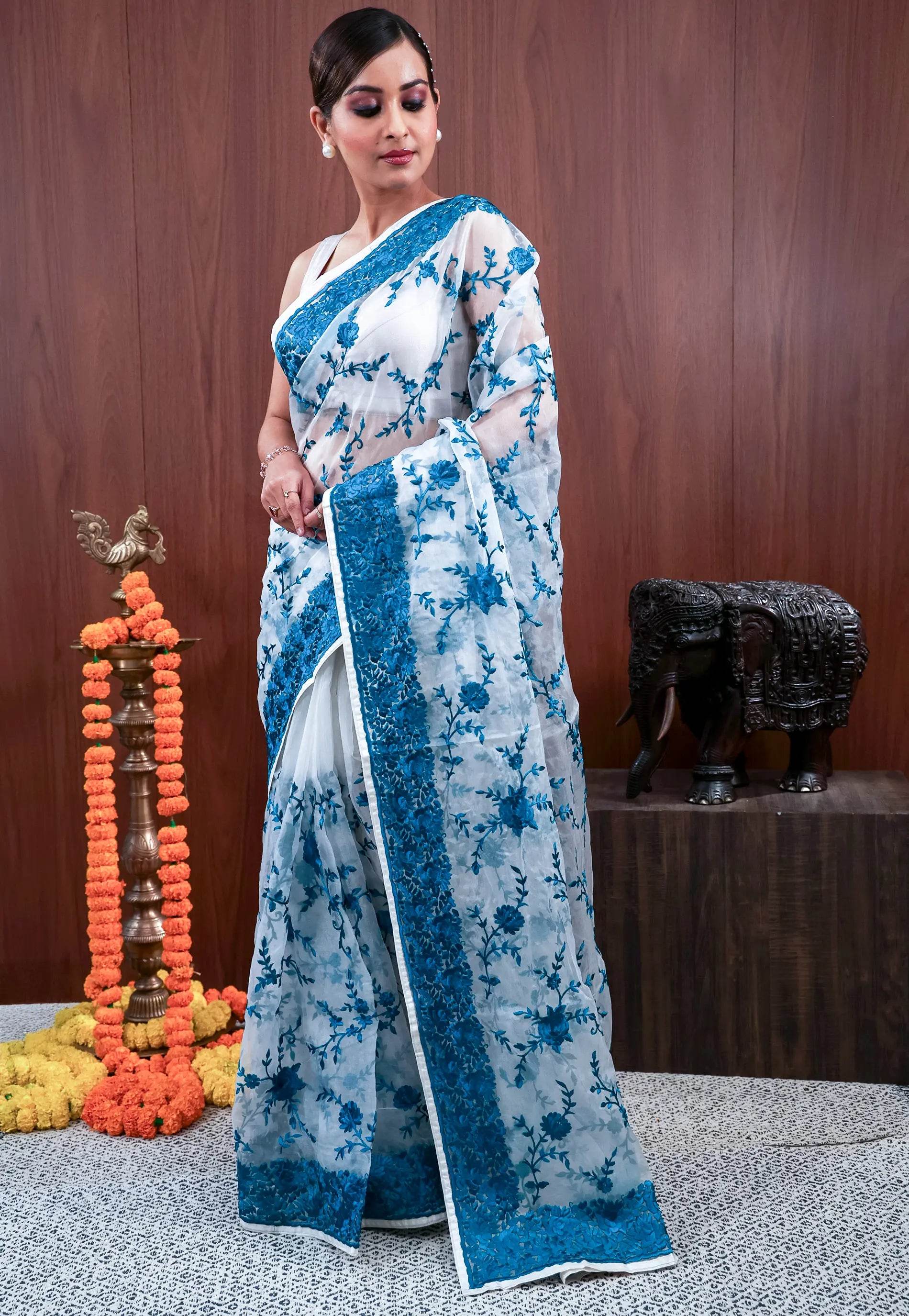 White Organza with Resham Embroidery work Saree with Blouse Piece - Adi Akshoy & Co.