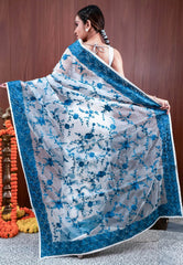 White Organza with Resham Embroidery work Saree with Blouse Piece - Adi Akshoy & Co.