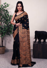 Black Pure Silk Kantha Saree With Blouse Piece - Adi Akshoy & Co.
