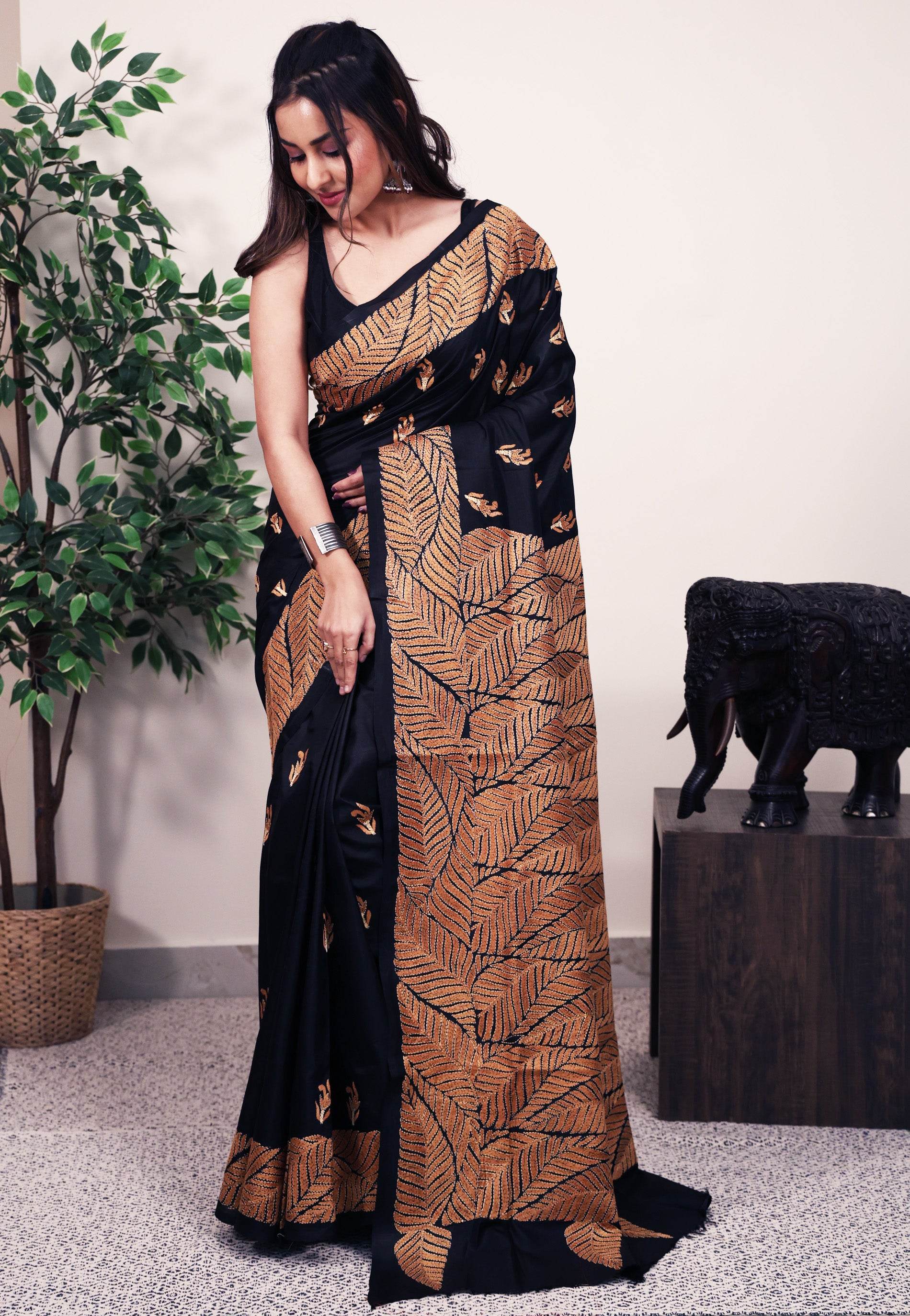Black Pure Silk Kantha Saree With Blouse Piece - Adi Akshoy & Co.