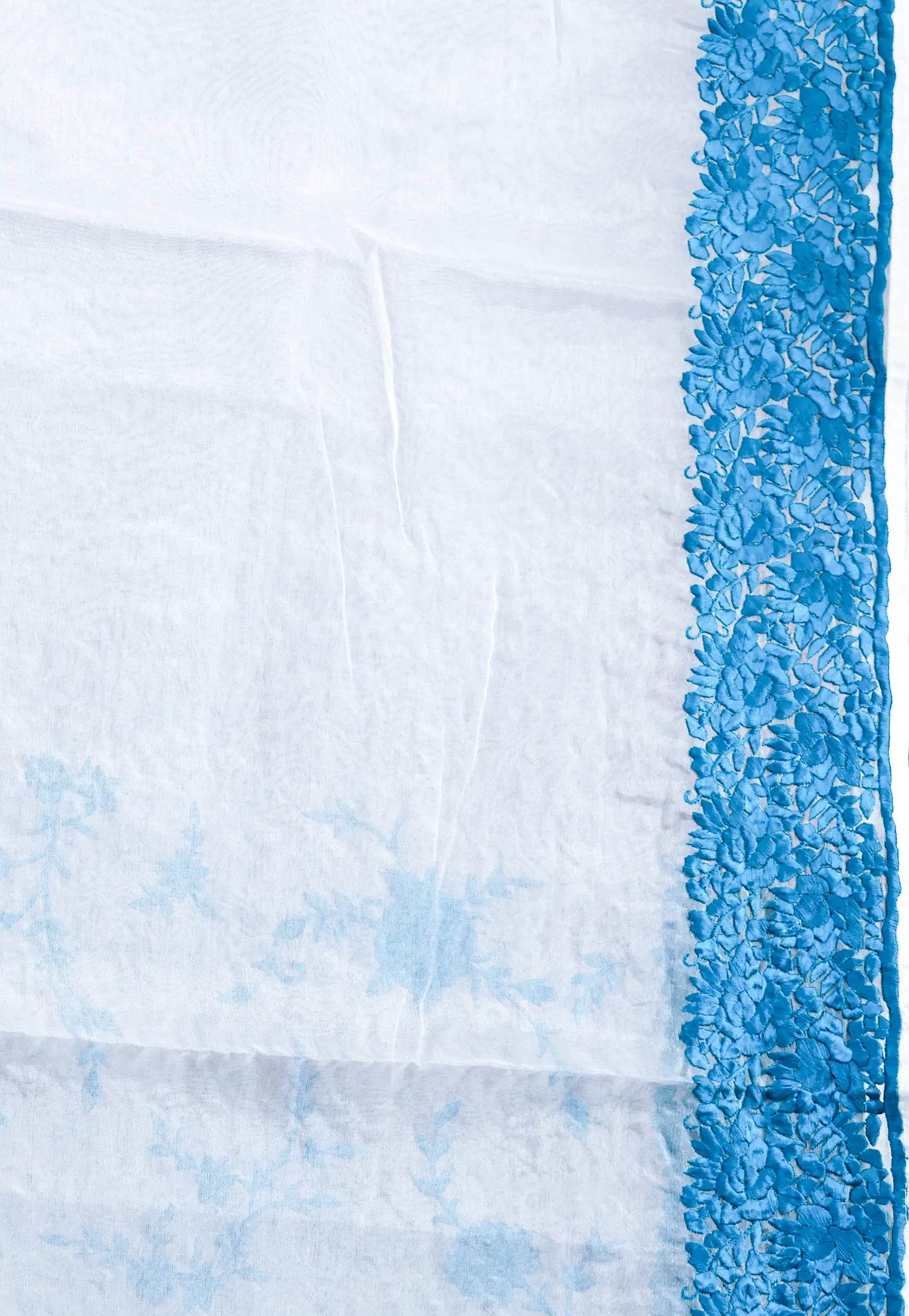 White Organza with Resham Embroidery work Saree with Blouse Piece - Adi Akshoy & Co.