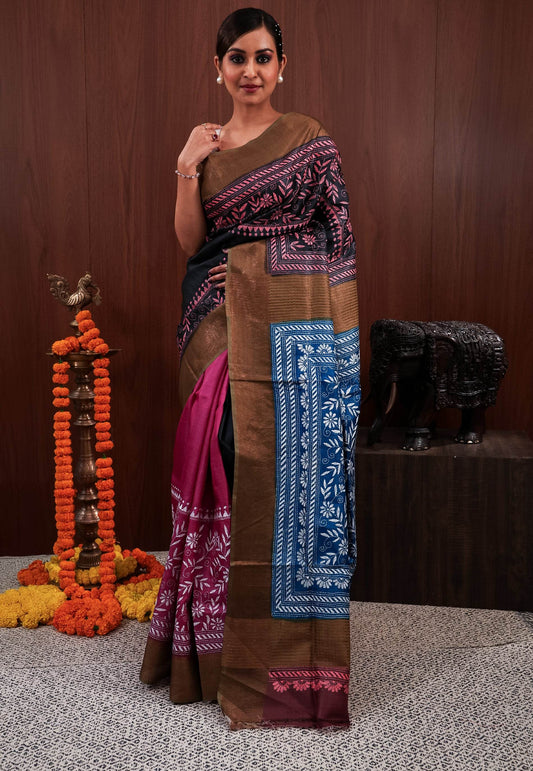 Black and Onion Pink half and half Design with Blue Patli Tussar Kantha Pure Silk Saree With Blouse Piece - Adi Akshoy & Co.