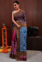 Black and Onion Pink half and half Design with Blue Patli Tussar Kantha Pure Silk Saree With Blouse Piece - Adi Akshoy & Co.